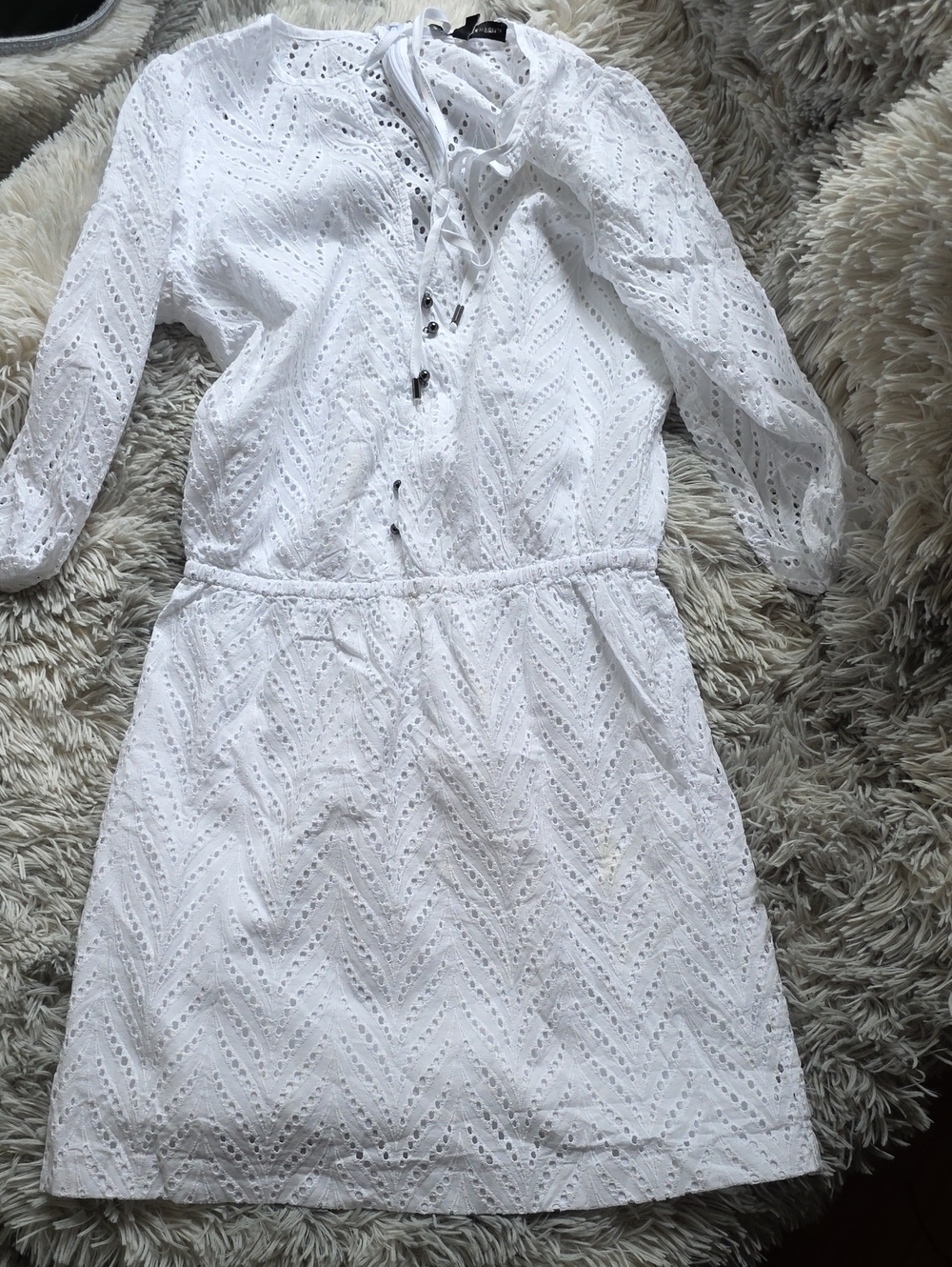 White House Black Market White Eyelet Long-Sleeve Tie-Neck Dress
